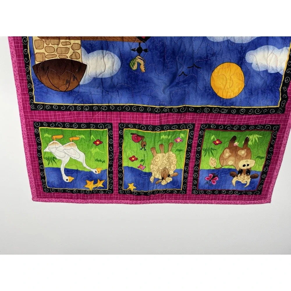 Vintage Handquilted Baby Quilt-Farm Animals~Cow Ducks Chicken Horse~39 x 21.5 In